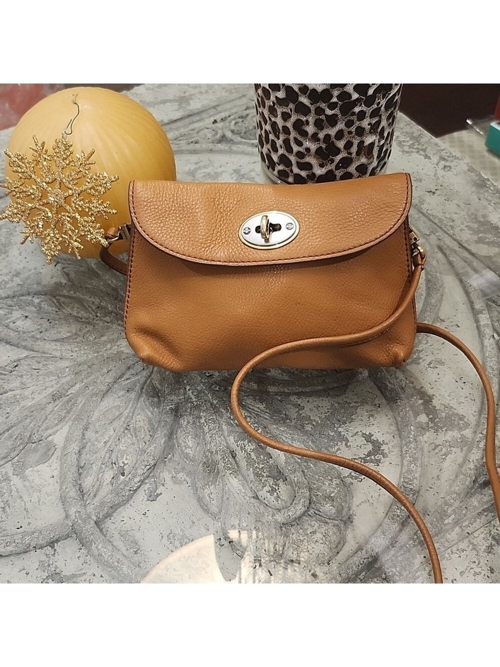 FOSSIL Camel Monica Turnlock Tan Leather Shoulder Bag Purse Like New